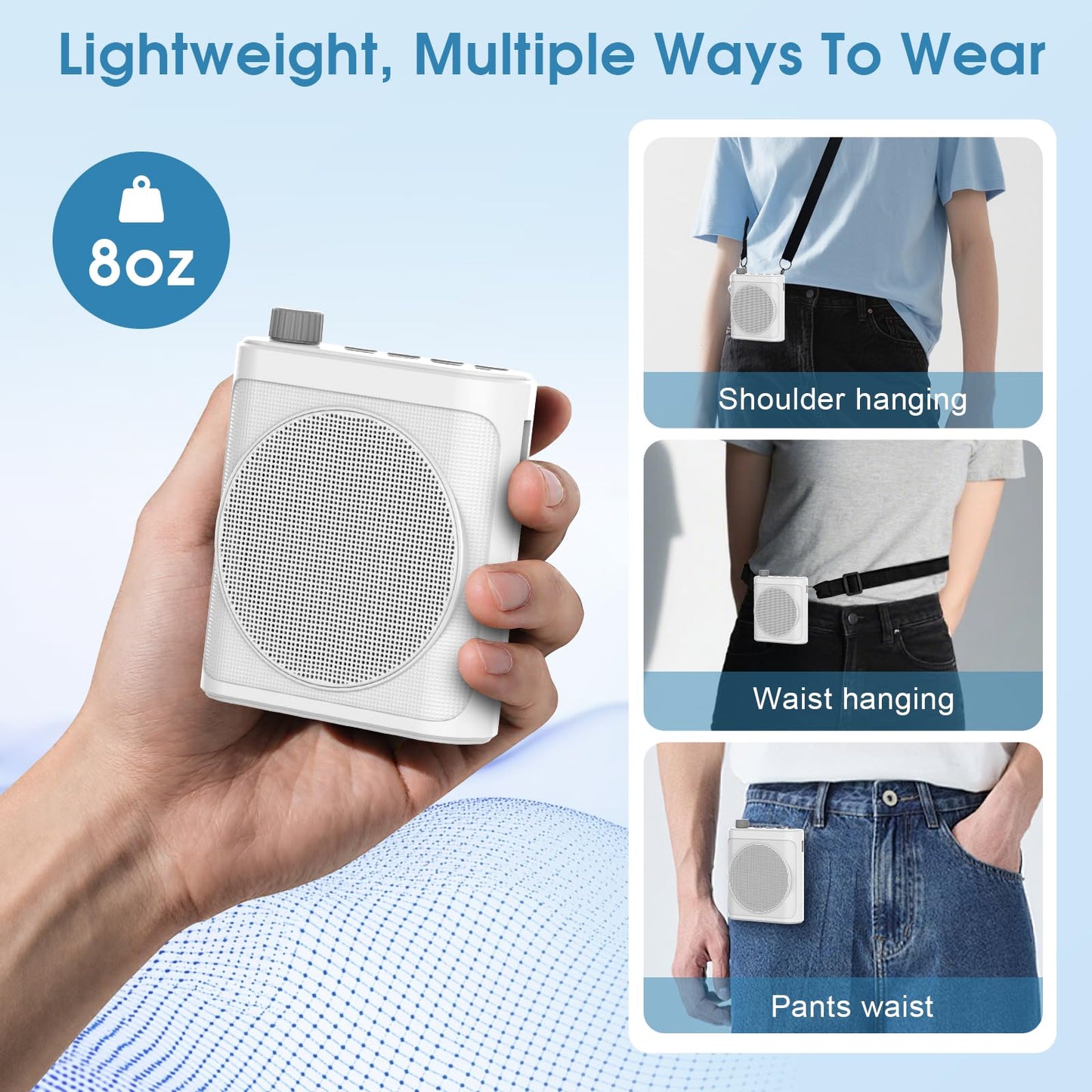 15W Wireless Voice Amplifier with 2 Magnetic Lavalier Mics & Noise Reduction - Bluetooth 5.3 PA System for Teachers, Tour Guide, Yoga - 15H Rechargeable Battery, Waist-Mount Design (White)