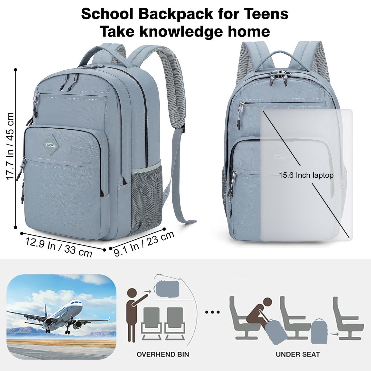 Tzowla School Backpack for Teen Girs and Boys,15.6 Inch Laptop Bookbag for 14-18 Teenage,Lightweight Students Backpacks for College/Campus/High Shool,Water Resistant Casual Daypack(Grey)