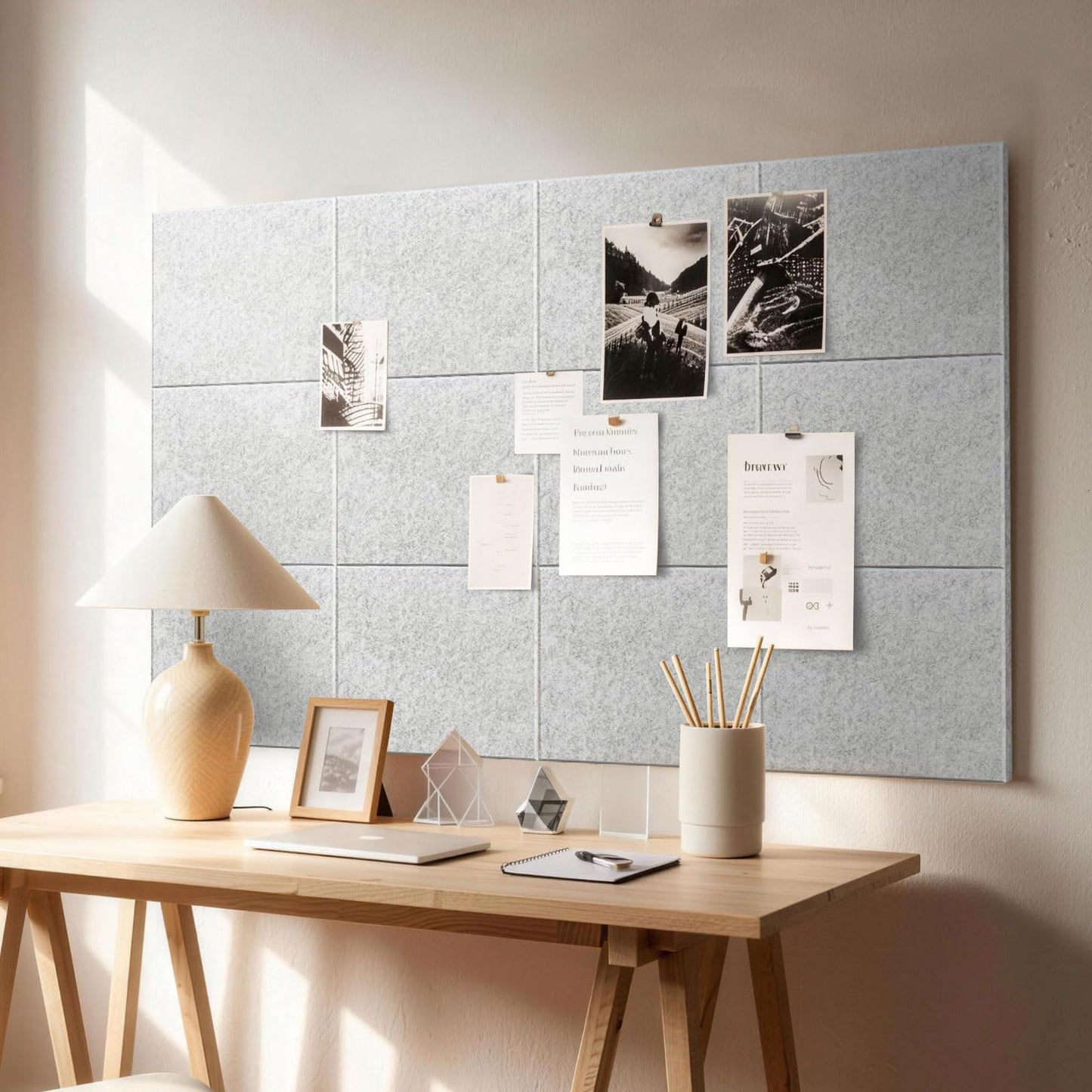 MISSDAY Light Grey Acoustic Wall Panel Large Felt Bulletin Board 48" x 36" Cork Board for Wall, 12-Pack Boards with 72 Adhesive Tabs, 50 Pins, Pin Board for Home Office Classroom Soundproof Wall Tile