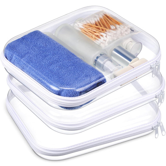 Hoolerry 3 Pcs Clear Hard Zipper Case Hard Plastic Zipper Pouch Makeup Bag Portable Travel Organizer for Cosmetics, Office Supplies, Documents & Toiletries(White,M)