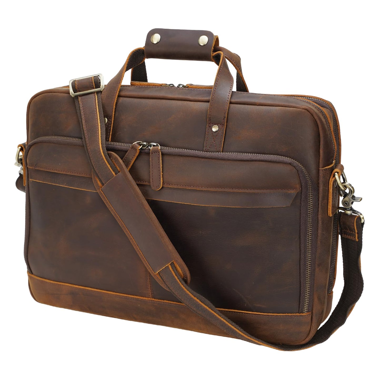 Masa Kawa Leather Briefcase for Men 17" Laptop Shoulder Messenger Bag Vintage Brown Business Travel Work Lawyer Attache Case,Large