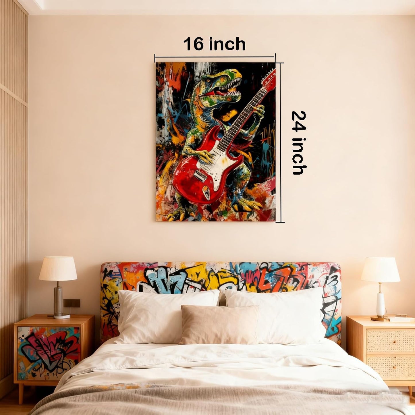 16x24 Graffiti Guitar T-Rex Wall Art Modern Rock Picture Framed Canvas Gallery Pop Prints Cartoon Home Office Decor DJ Dinosaur Urban Posters Funny Bedroom Living Room Kids Nursey Teen Boys Men