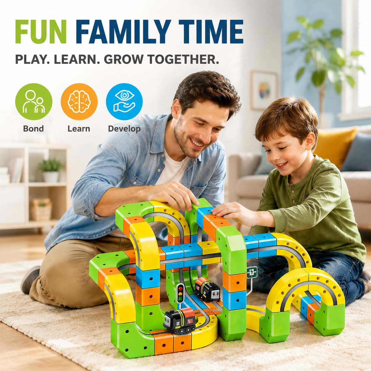 Upgrade Magnetic Train Set for Kids with 2 Rechargeable Trains, 105PCS Gravity-Defying Race Track, Safer Magnetic STEM Building Toy with Vertical Climb & Upside-Down Tracks for Boys Girls Ages 3-12