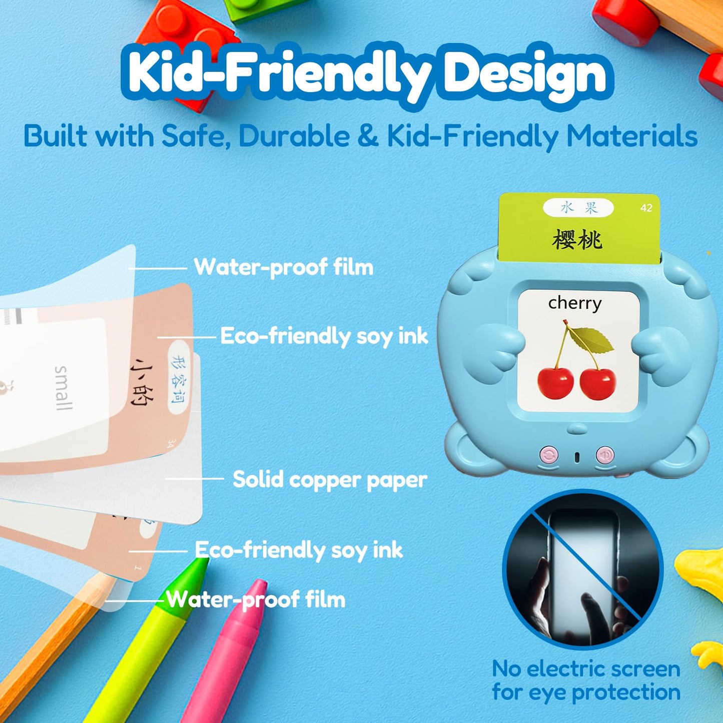 MoLingvora Bilingual Talking Flash Cards for Kids - Mandarin English Flashcards Children Adults, 510 Sight Words, ABC Alphabet, Pocket Speech for Toddlers, Audible Sensory Toys (Chinese, Blue)