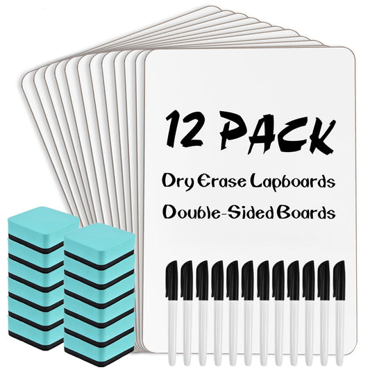COYMOS 12 Pack Small Dry Erase Boards Classroom Pack 12 x 9 Inch Double Sided Mini White Boards Portable Dry Erase LapBoards for Teacher Supplies with 12 Erasers and 12 Markers
