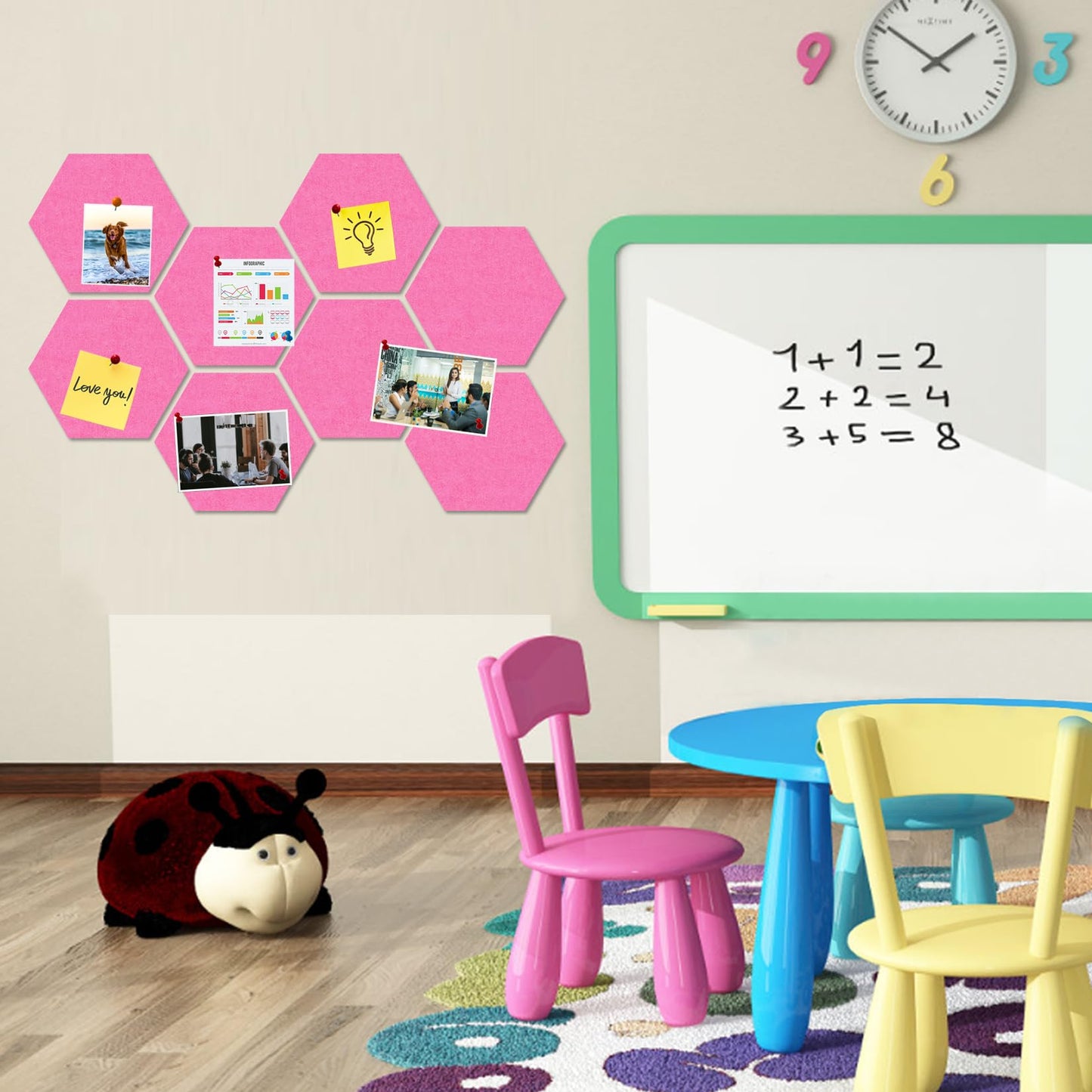 HULAVO Large Hexagon Felt Cork Board Tiles, Self Adhesive DIY Felt Bulletin Board Pin Board with 35 Pushpins for Office School Home Wall Decor Stickers Memos Photos Display(Pink)
