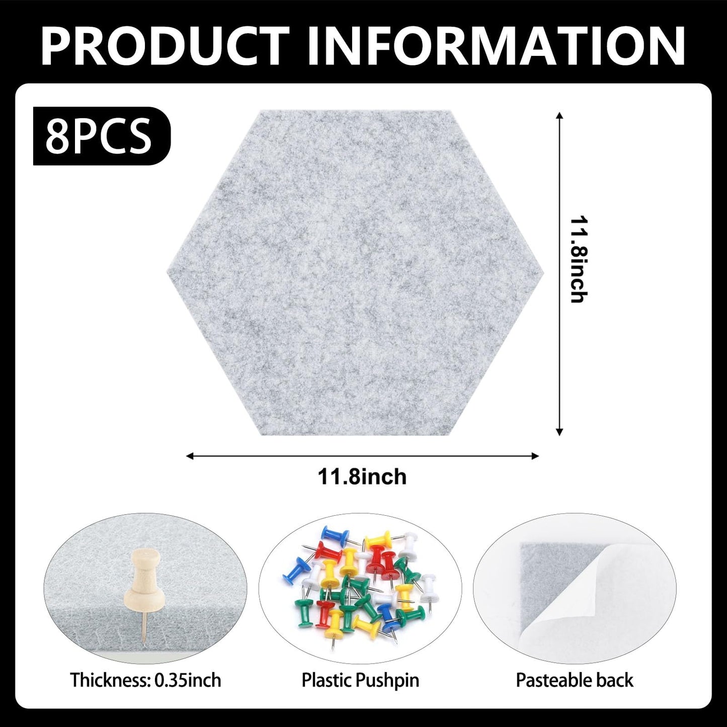 8 Packs Light Grey Hexagon Felt Pin Board, 12" Bulletin Board with 30 Push Pins, Felt Board for Home Kitchen Office Decor, Self-Adhesive Corkboard Tiles for Walls Message Photos Memos Display