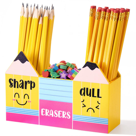 Eaasty Pencil Shaped and Sharp Dull Holder Eraser Wooden Dispenser Pencil Storage 3 Compartments for Back to School Teachers Classroom Organization(1 Pack,Yellow Face)