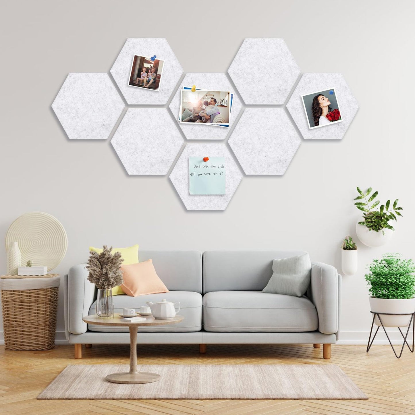 8 Packs Hexagon Felt Pin Board, 12" Bulletin Board with 30 Push Pins, Felt Board for Home Kitchen Office Decor, Self-Adhesive Corkboard Tiles for Walls School Message Photos Memos-Gray