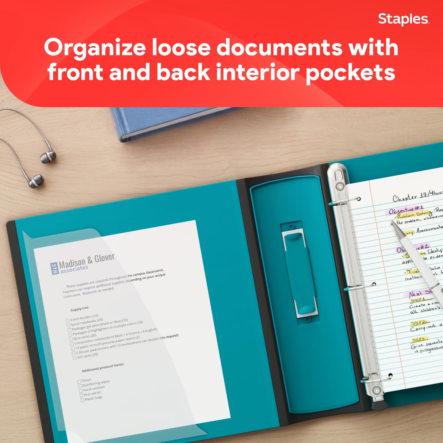 Staples Heavy-Duty 3-Inch D-Ring Binder, Teal – Large Capacity 3-Ring Binder with Pockets, Holds Up to 600 Sheets