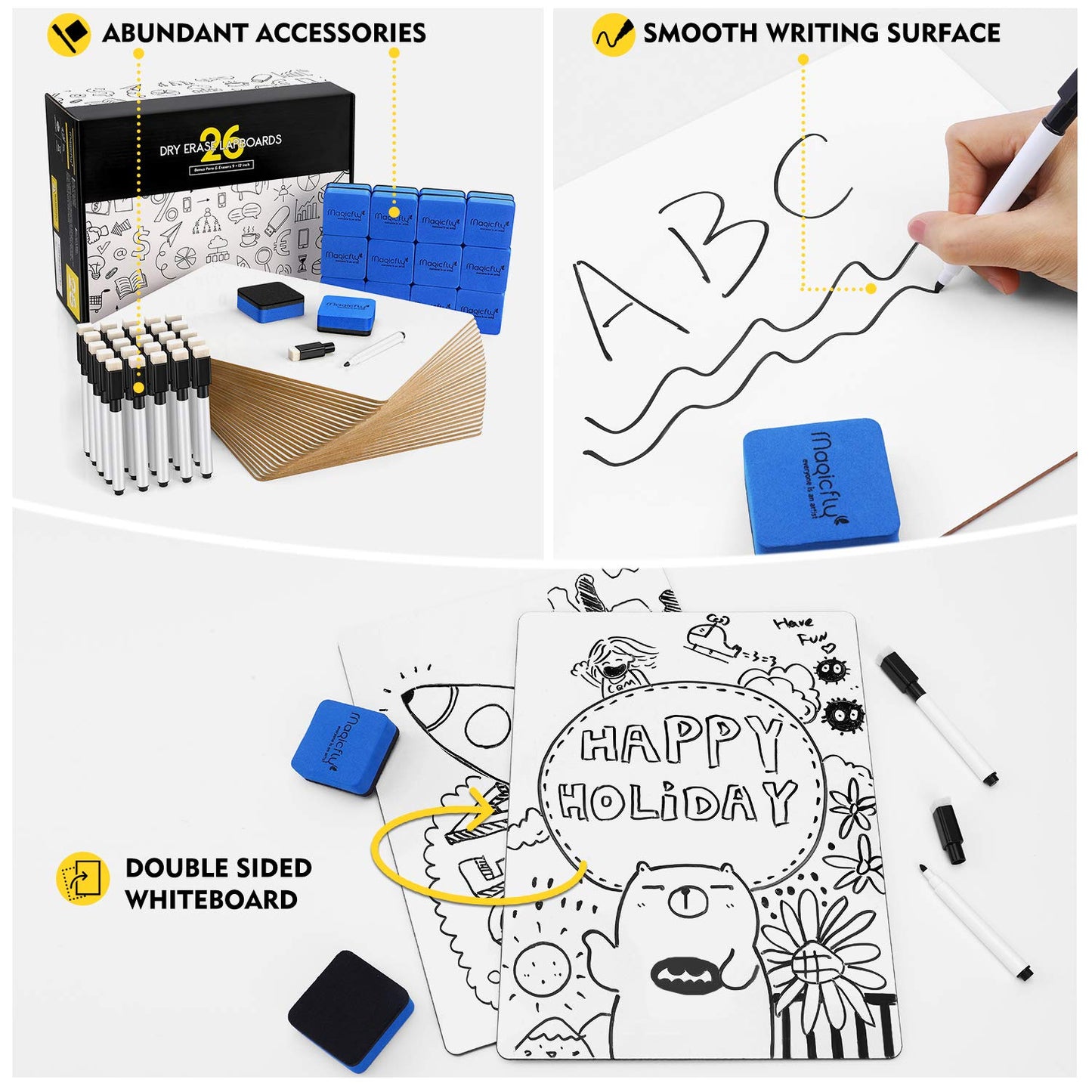 Magicfly Small White Boards, Dry Erase Board Pack of 26, Mini Whiteboards 9x12 Inches Double-Sided White Boards Lapboards for Students Classroom Teachers School Supplies with 32 Pens and 26 Erasers