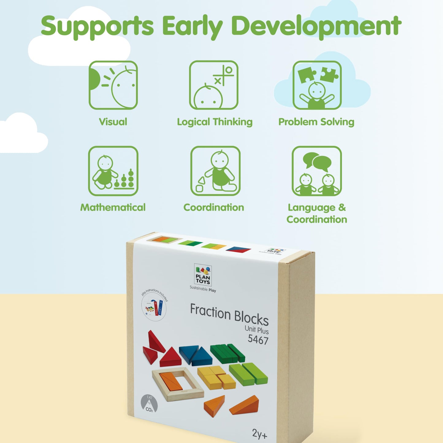 PlanToys® Fraction Blocks Wooden Montessori Early Math and Logic Toy | Fraction Learning, Shape Recognition and Sorting Activity | Eco Friendly Colourful Block Set