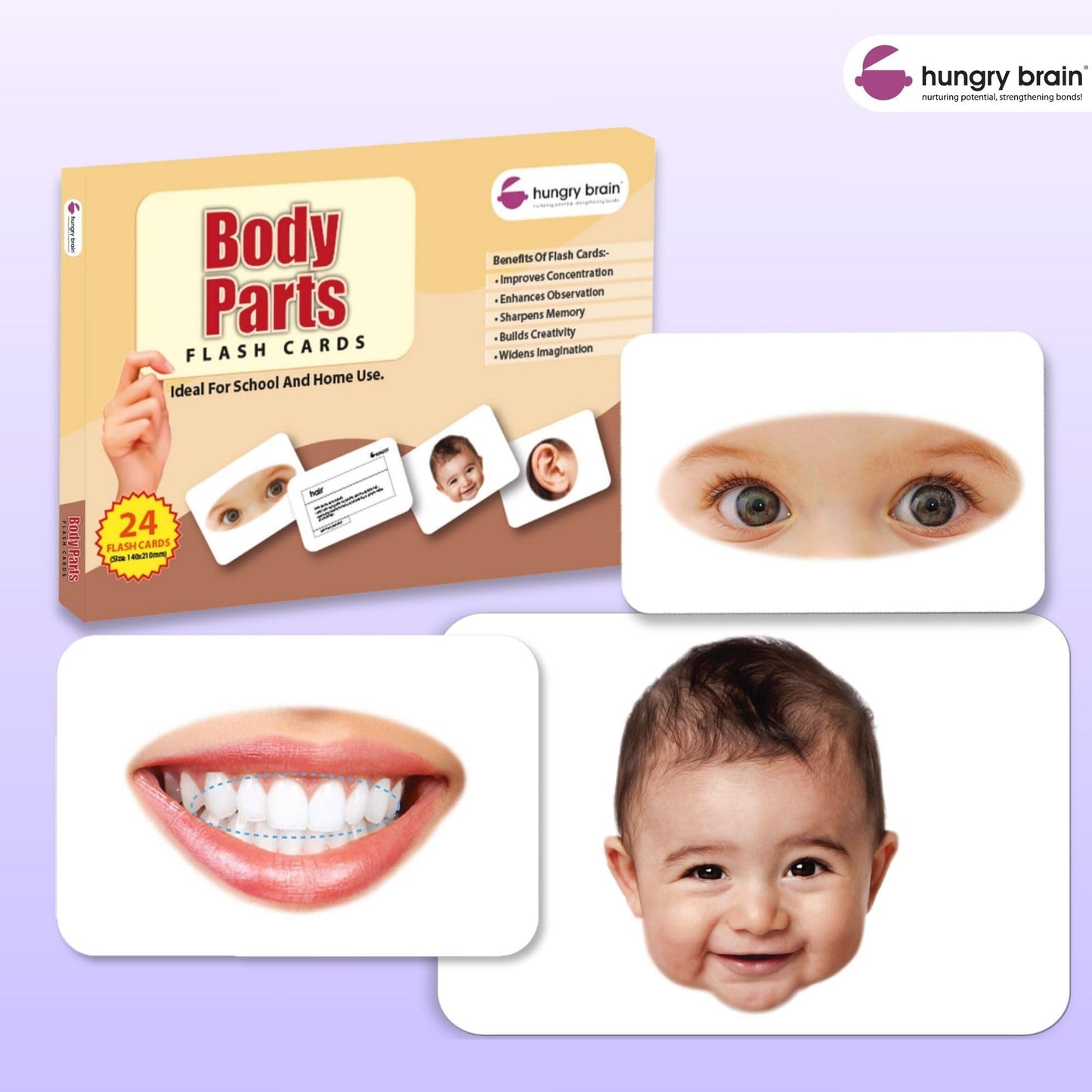 Hungry Brain Body Parts Flash Cards for Toddlers Ages 1-6 | Montessori Educational Learning Cards for Babies & Kids | Preschool Vocabulary, Speech Development, Early Learning & Homeschool Teaching Aid