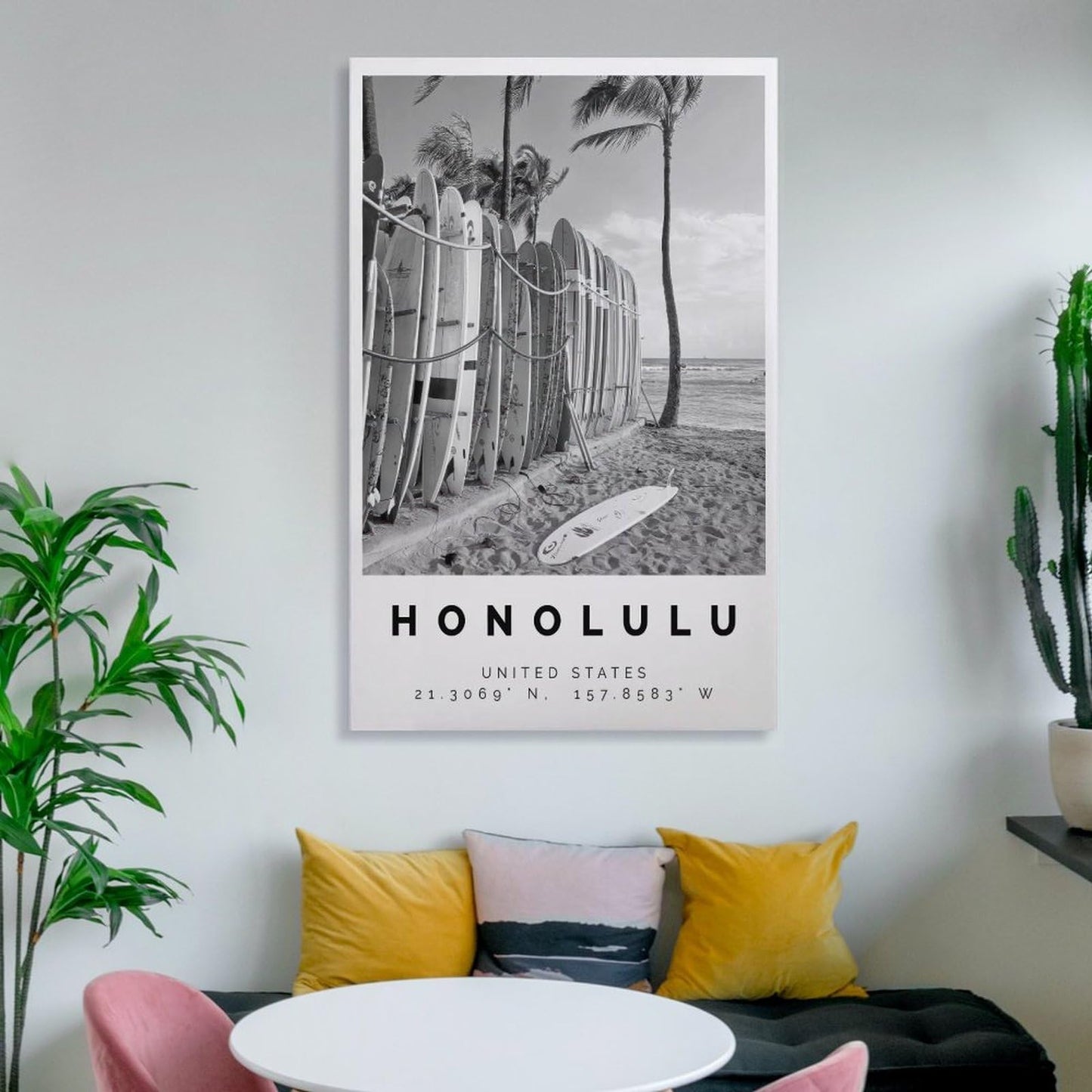 Honolulu Poster Black And White Featuring Surfboards, Palm Trees & Ocean View Canvas Wall Art Aesthetic Decorative Painting Living Room Restaurants, Pool Halls And Hotelsstyle 12x18inch(30x45cm)