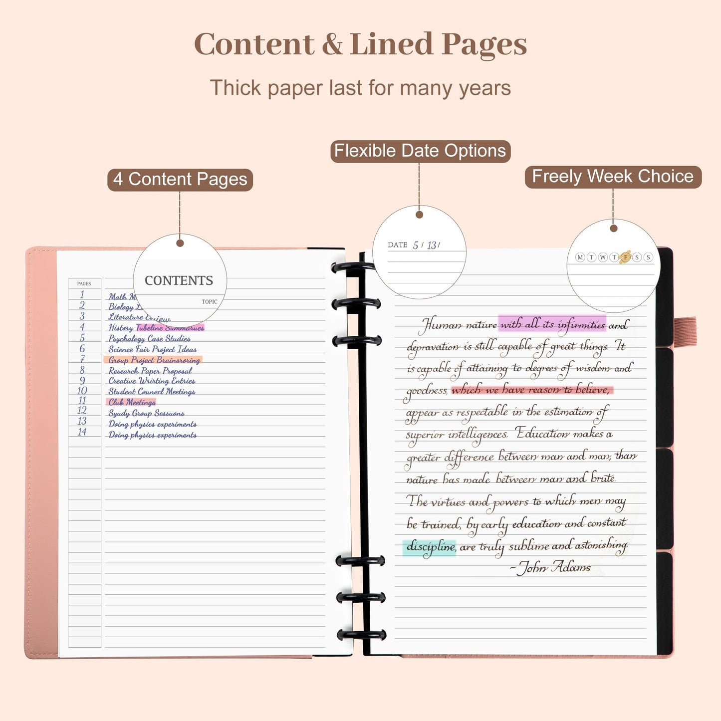 Yoment Refillable Notebooks for Work 5 Subject with Removable Dividers Tabs 240 Pages Hardcover Leather Journals for Writing Large Discbound Planner Colleged Ruled Paper for Women Men 8.58 x 11,Pink