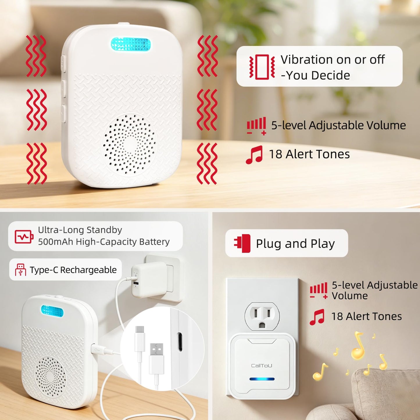 CallToU Caregiver Pager Wireless Call Button for Elderly/Senior,2026 New Version Pager with Vibration & Rechargeable,Nurse Alert System for Home Care Seniors