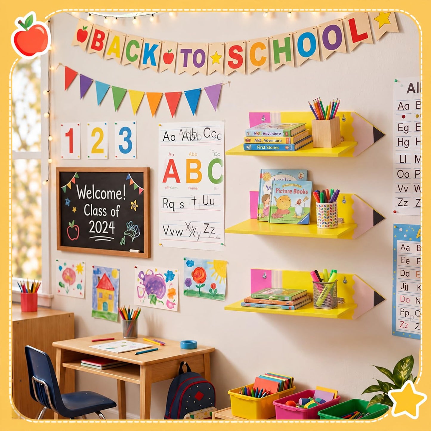 Fumete 3 Pcs Back to School Pencil Shaped Wall Shelves 9.8 x 4.7 x 3.5 Inches Wooden Pencil Theme Floating Shelf for Classroom Wall Bookshelf Organizer for Back to School Supplies Classroom Decor