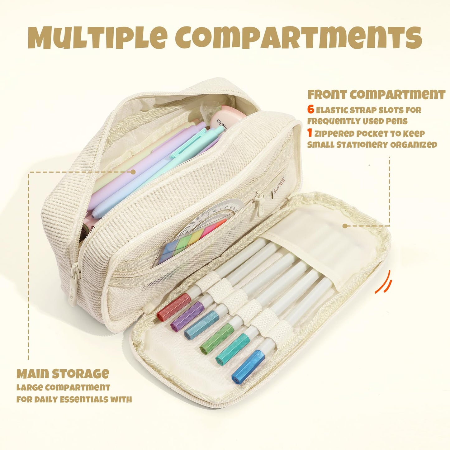 SUNEE Pencil Case, Large Capacity Pencil Pouch, Aesthetic Big Pen Bag, Soft Corduroy Fabric Pen Box for Office Stationery Organizer School Supplies Multifunctional for Teen Boys Girls Women Men, Cream