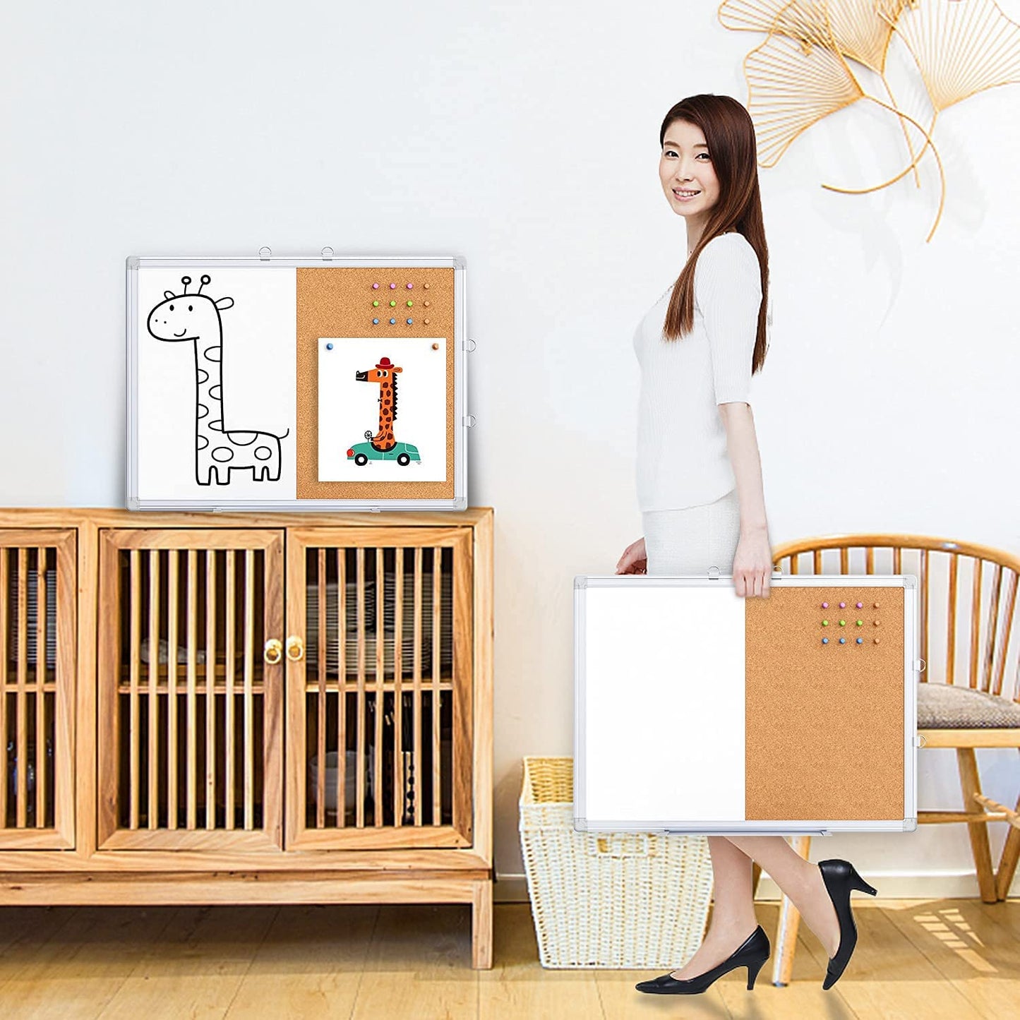 Magnetic White Board and Cork Board Combo, 24 X 18 inches Whiteboard Bulletin Combination Board, Wall Mounted Dry Erase Message Board for Home, School and Office