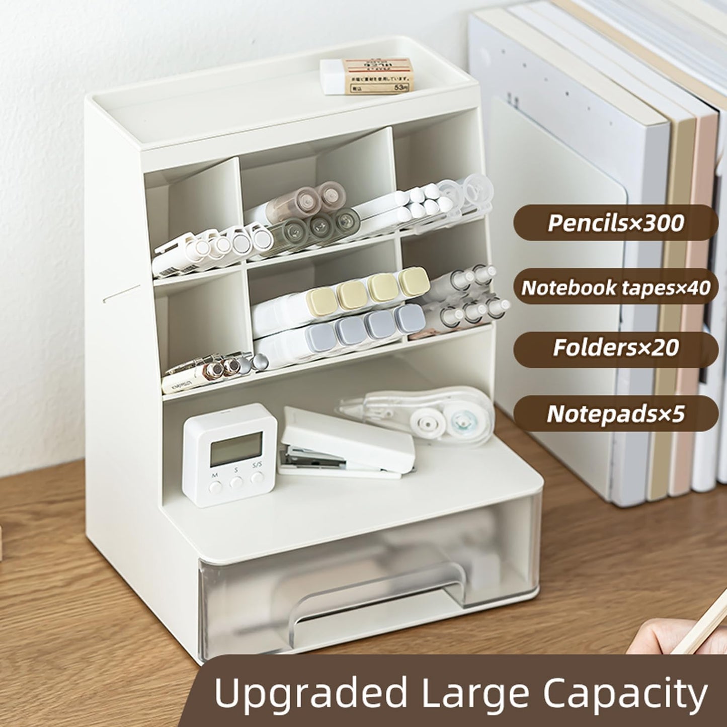 TNDCKP Large Plastic Pen holder with drawer and Vertical 6-Compartment, Dual-Purpose Art Supply Pencil Cup for Office, School, Home (WHITE)
