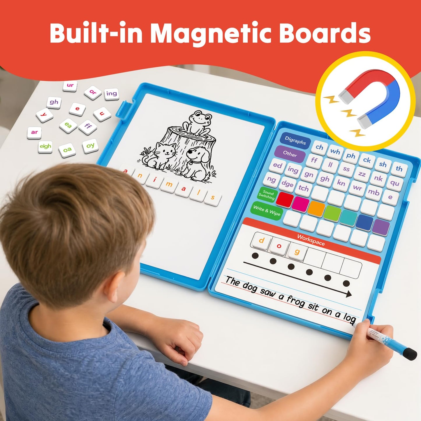 Phonics Magnetic Letter Tiles,Phonics Games Magnetic Letters,Reading Spelling Games with Word Build Boards & All-in-one Storage Case,Word Family Build Game for Preschool Pre k Kindergarten Classroom