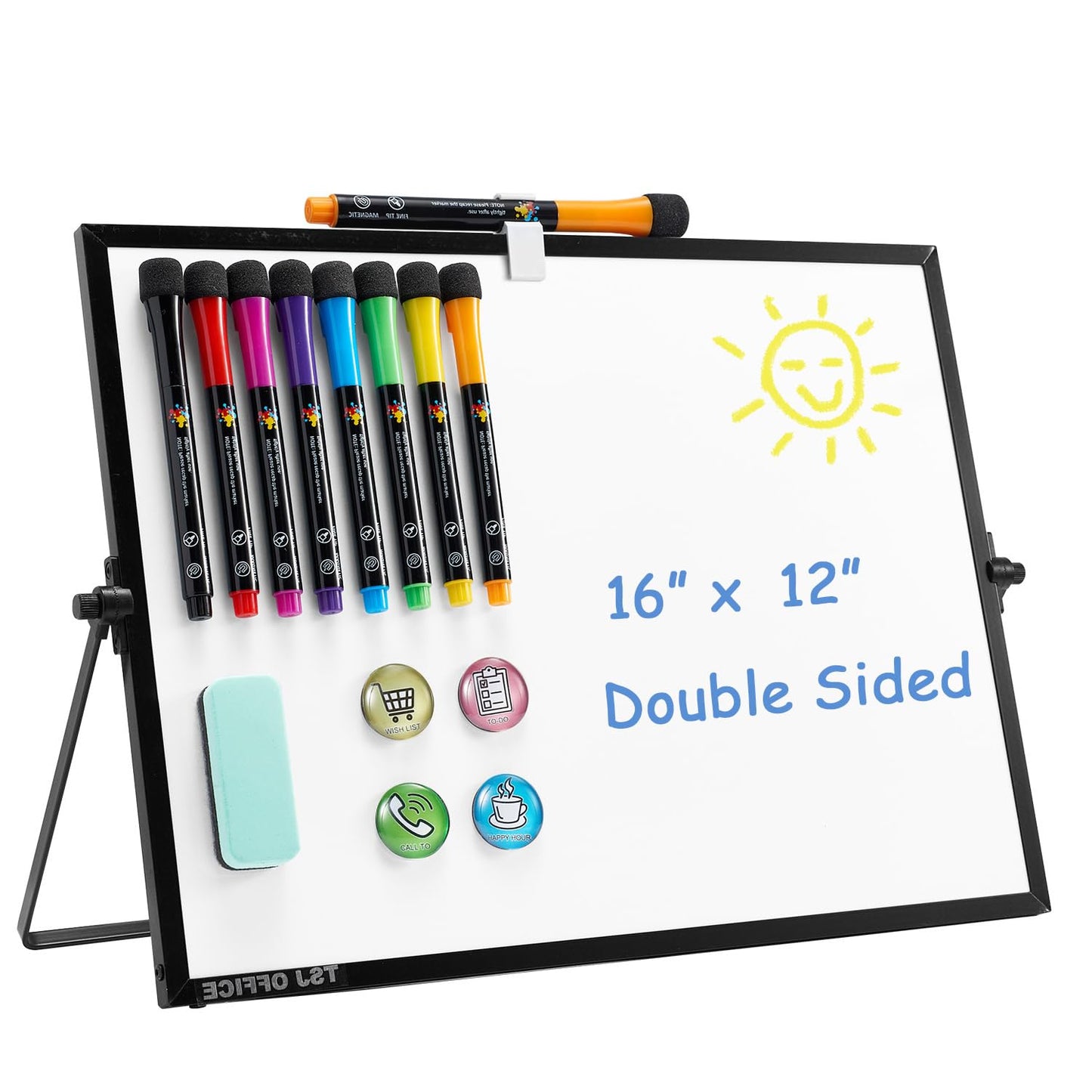 TSJ OFFICE Small White Board - 12 X 16 Inches Small Magnetic Dry Erase Board with Hooks for Wall, Desktop Whiteboard Stand 360 Degrees Revolving Double Sided for Office, Home, School, Black