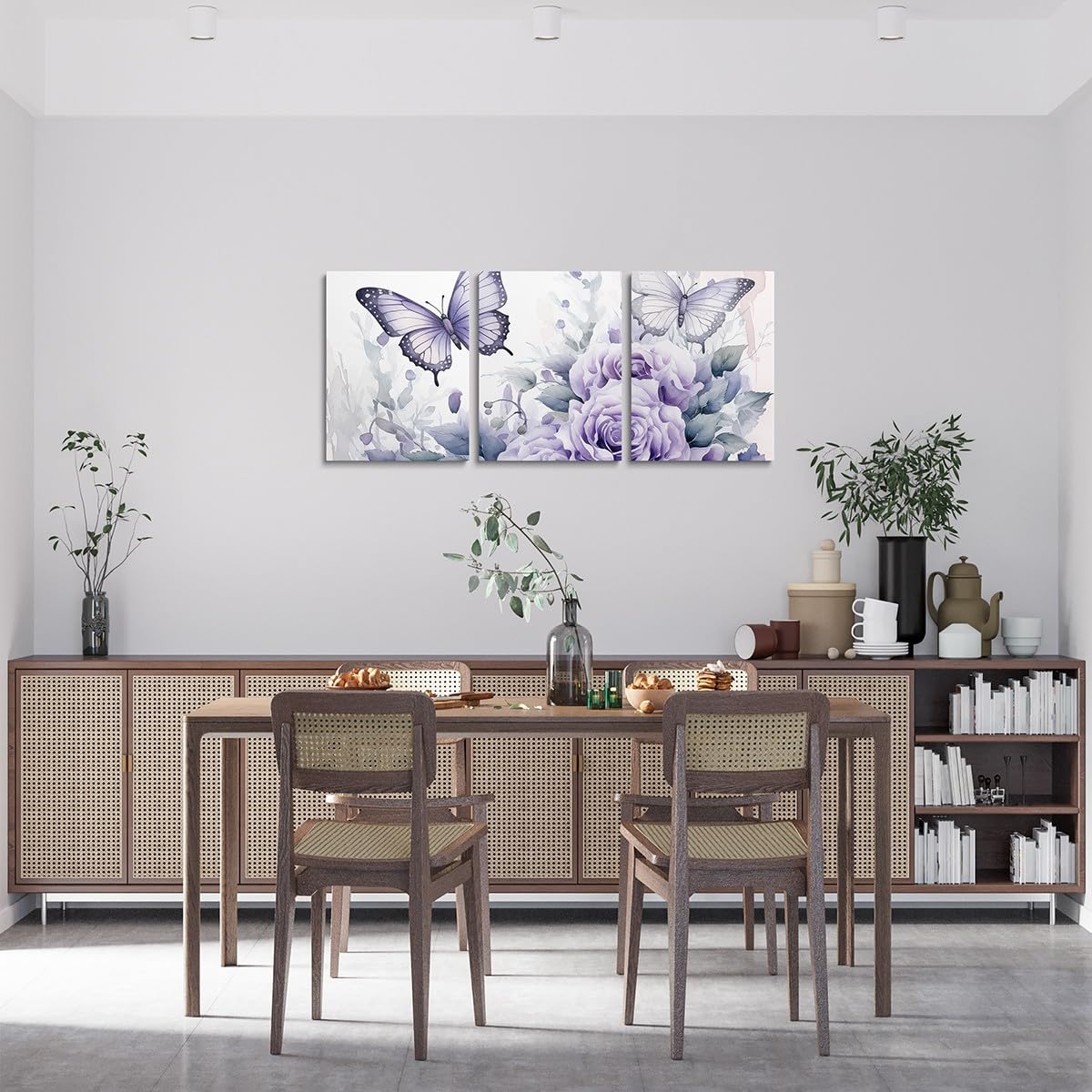 Feelyou Light Purple Rose 3 Piece Canvas Wall Art for Living Room Bedroom Butterfly Wall Art for Home Decor Floral Flower Office Wall Decor Romantic Theme Wall Painting