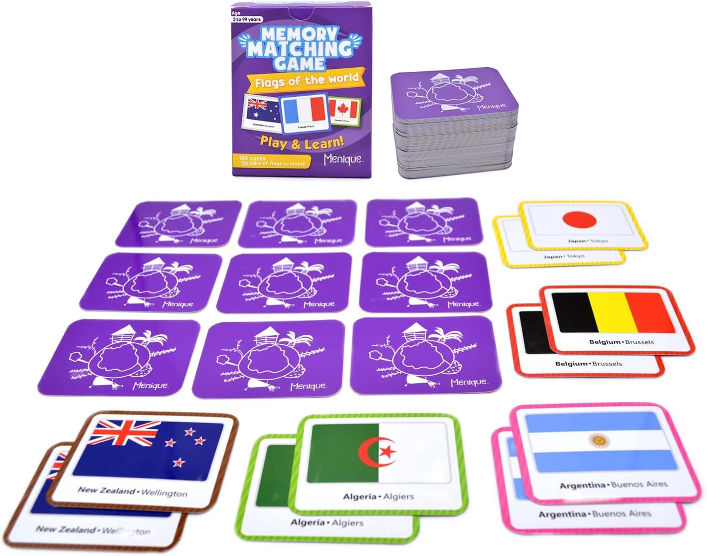 Menique Flags of the World Memory Matching Game – 100 Cards, 50 Countries to Match – Educational & Fun for Kids and Adults – Color-Coded by Continent – Learn Flags, Capitals, and Geography