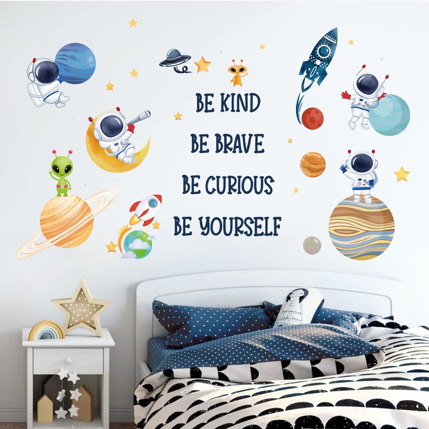 wondever Planets Outer Space Wall Stickers Be Kind Be Brave Inspirational Quote Astronaut Peel and Stick Wall Art Decals for Baby Nursery Kids Bedroom Playroom