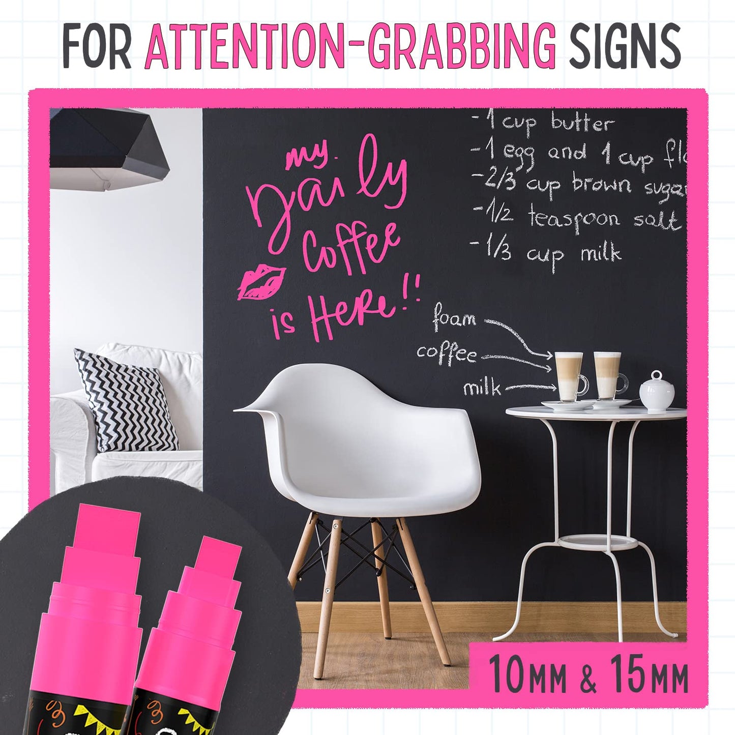 5 Pink Chalkboard Chalk Markers - Pink Dry Erase Markers for Blackboard, Chalkboard Signs, Windows, Glass | Variety Pack - Fine & Jumbo Size Ink Pen (1mm, 3mm, 6mm, 10mm, 15mm)