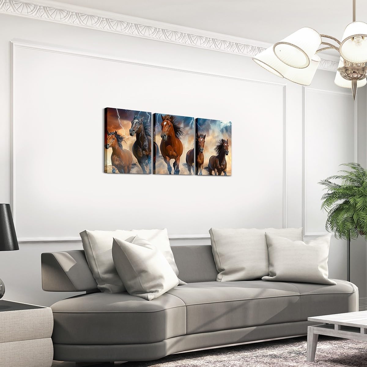 Boho Horse Canvas Wall Art Set of 3 for Living Room Bedroom, Blue Lightning Paintings Wall Decor 3D Bohemian Exotic Black Brown Wild Animal Horse Wall Art Western Farmstyle Poster Prints