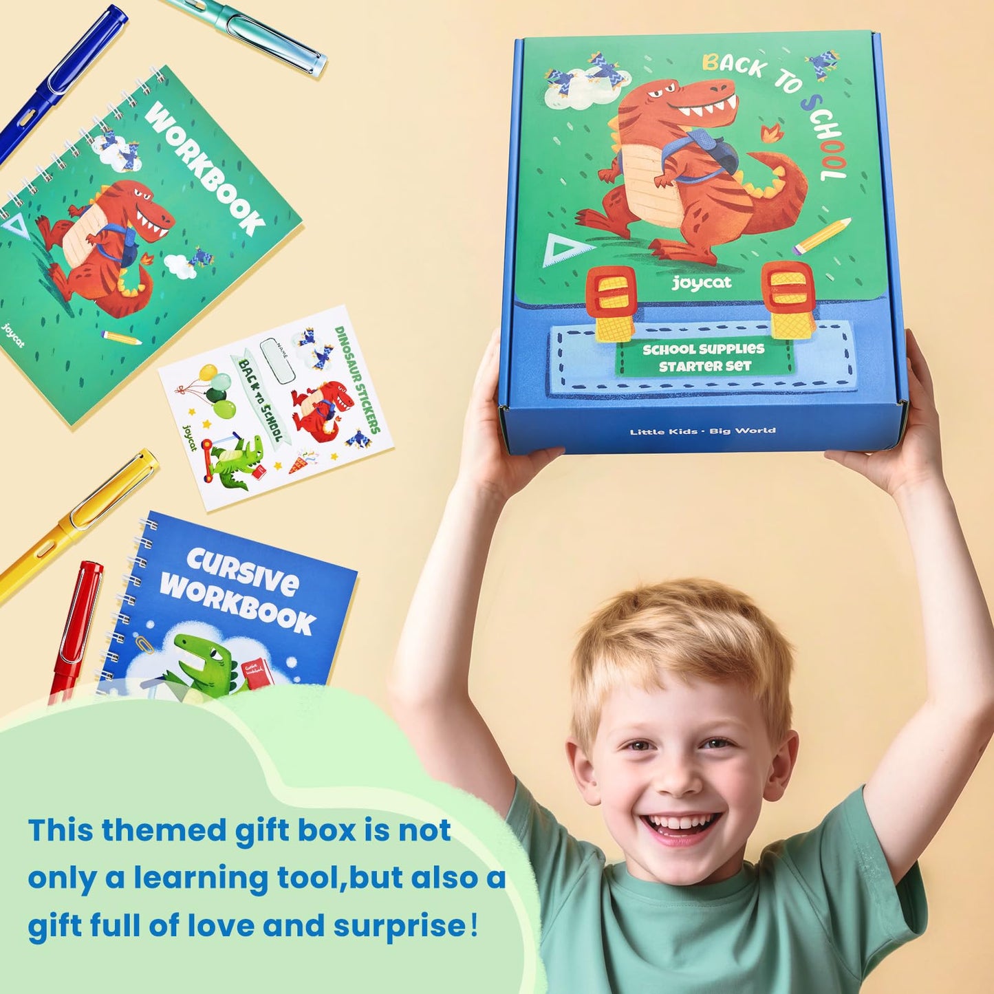 46-Piece Washable Back to School Supplies Gift Kit for Kids-Dinosaur Essential First Day Gift Set for Kindergarten & Elementary, Art Supplies & Refillable Tools, Ideal Kids Stationery Set for Boys.