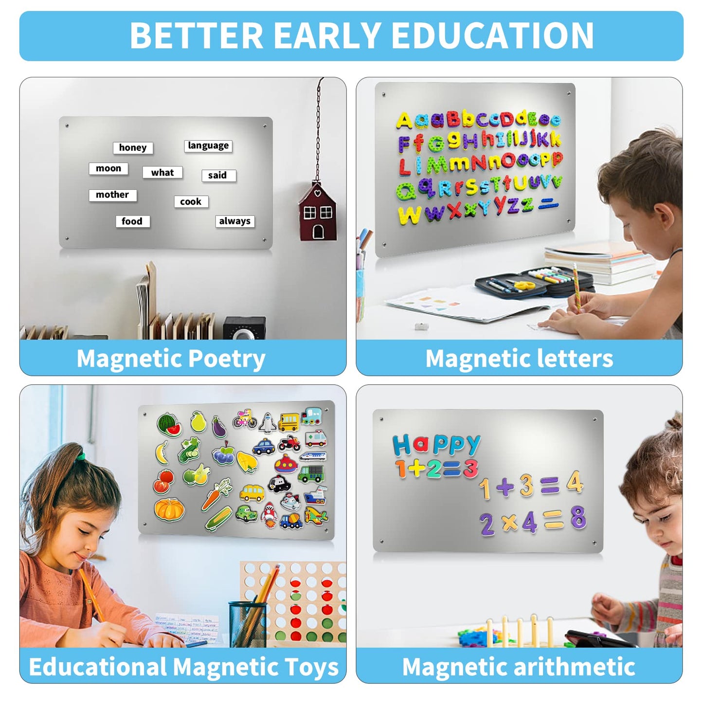 17.7" x 11.8" 2 Pack Stainless Steel Magnetic Board - Magnet Bulletin Board to Display Magnetic Letters Numbers Animal, Poetry, Spice Jars, Notes, Photos, Suitable for Wall, Refrigerator, Cubicle
