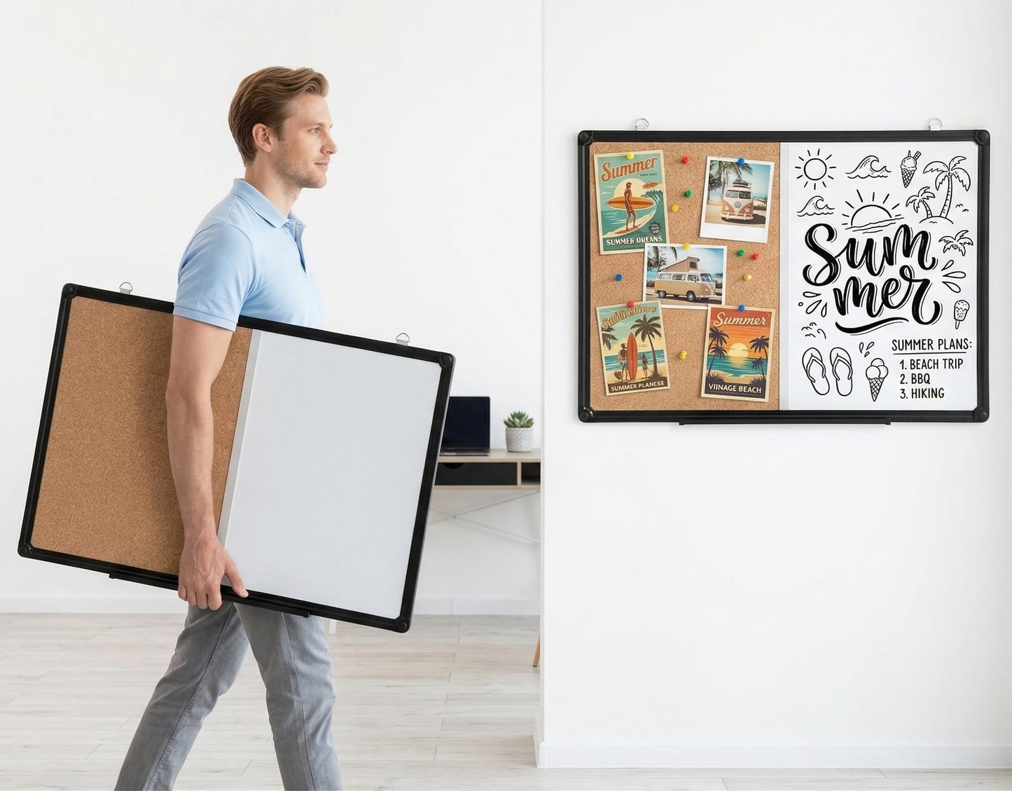 DexBoard Magnetic White Board and Cork Board Combo, 24" x 18" Combination Bulletin & Dry Erase Board, Wall Mounted for Home, School and Office, Black Aluminum Frame