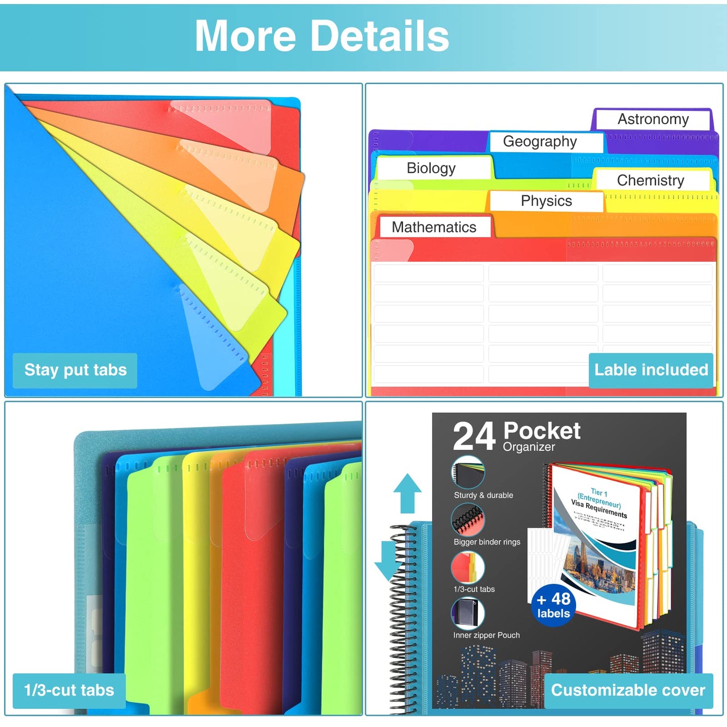Forvencer 24 Pocket Project Organizer, 1/3-cut Tab Binder Organizer with Sticky Labels, Multi Pocket Folder with Zipper Pouch, Folder Binder Spiral Pocket Notebook, Office Supplies