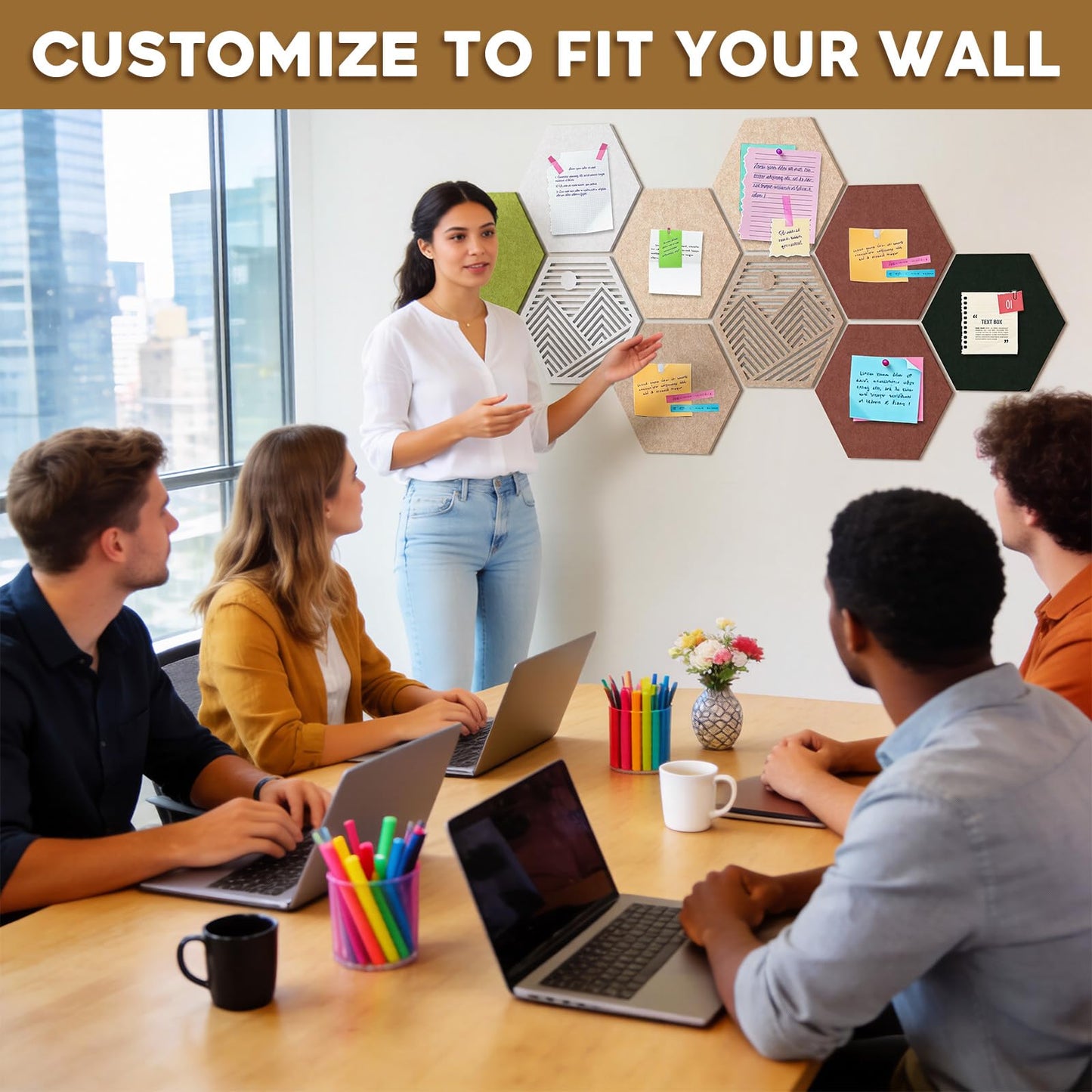 Ghegicu 10PCS 11.8" Large Hexagon Felt Cork Board Tiles, Geometric Modular Bulletin Boards with 50 Pushpins, 35 Adhesive Tabs for Office School Home Wall Decor Stickers Memos Photos Display (Hexagon)