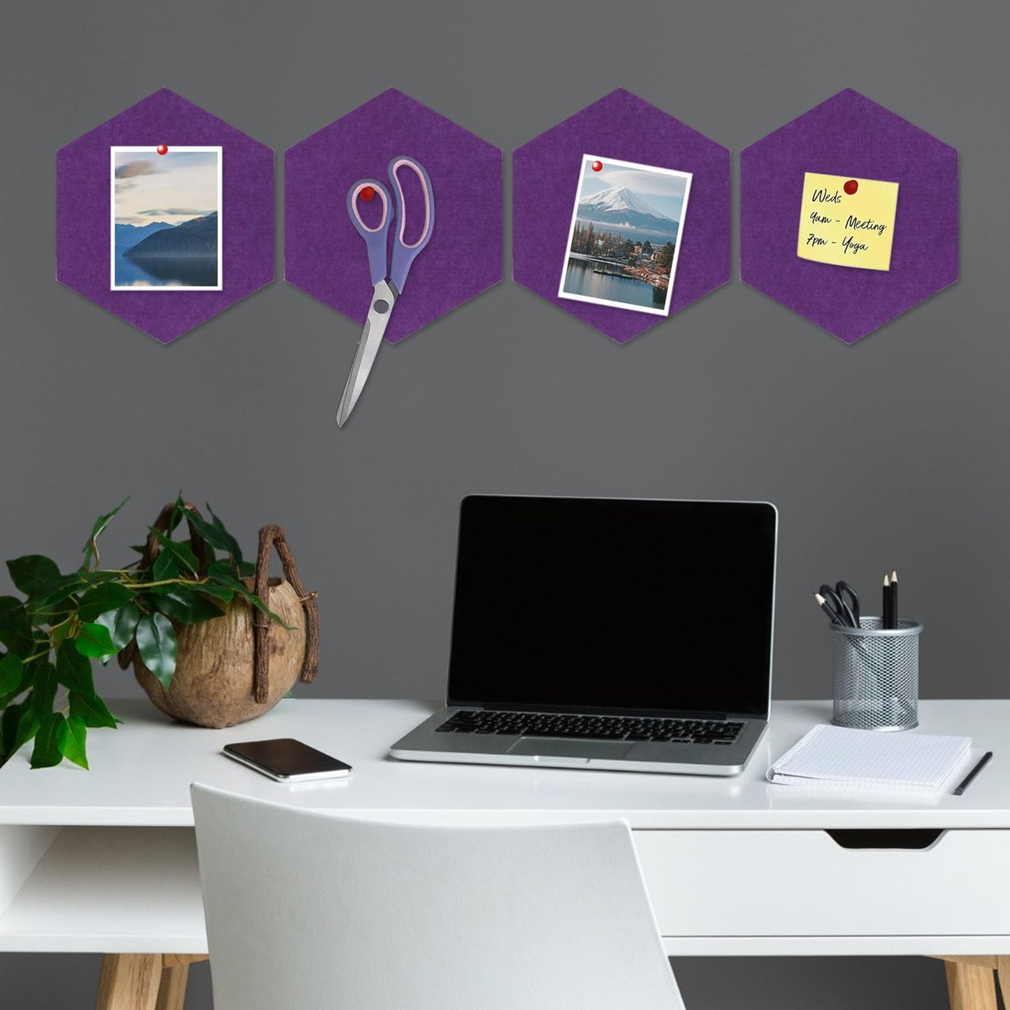 8 Packs Purple Hexagon Felt Pin Board, 12" Bulletin Board with 30 Push Pins, Felt Board for Home Kitchen Office Decor, Self-Adhesive Corkboard Tiles for Walls Classroom Message Photos Memos Display