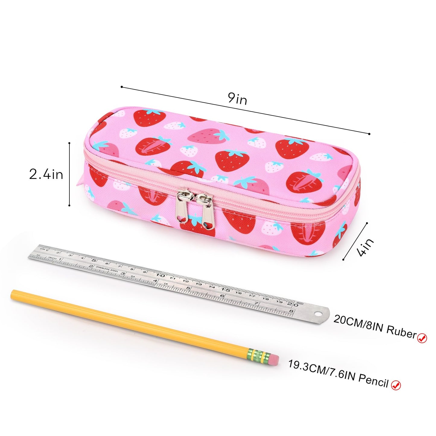 mibasies Girls Pencil Case for Kids, Multi-Slot Pencil Pouch, Assorted Strawberry Red