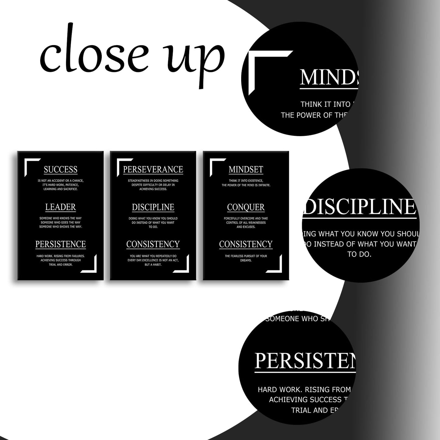 YSPCSUN Triptych Wall Decor Inspirational Posters for Office, Black White Discipline Consistency Quote 3 Panel Canvas Prints for Home Office Dorm Classroom, 48x24 Inch Display