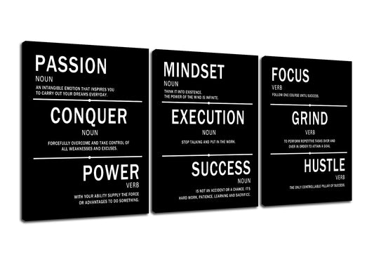 PSYYSP Mindset Execution Success Motivational Canvas Office 3 Piece Print Wall Art Inspirational Poster Painting Modern Inspiring Artwork for Bedroom Office Decoration Ready to Hang [36''W x 16''H]