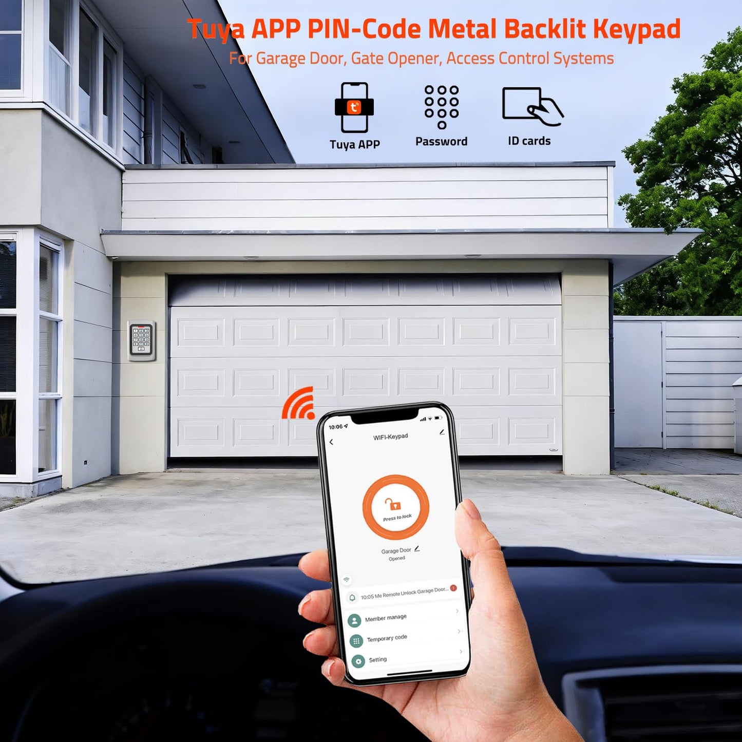 WiFi Access Control Keypad, 12V DC Wireless WiFi TUYA Door Keypad, PIN Code & ID Card Metal Key pad, IP68 Waterproof, 2000 Users, for Garage Door, Gate Opener and Access Control Systems