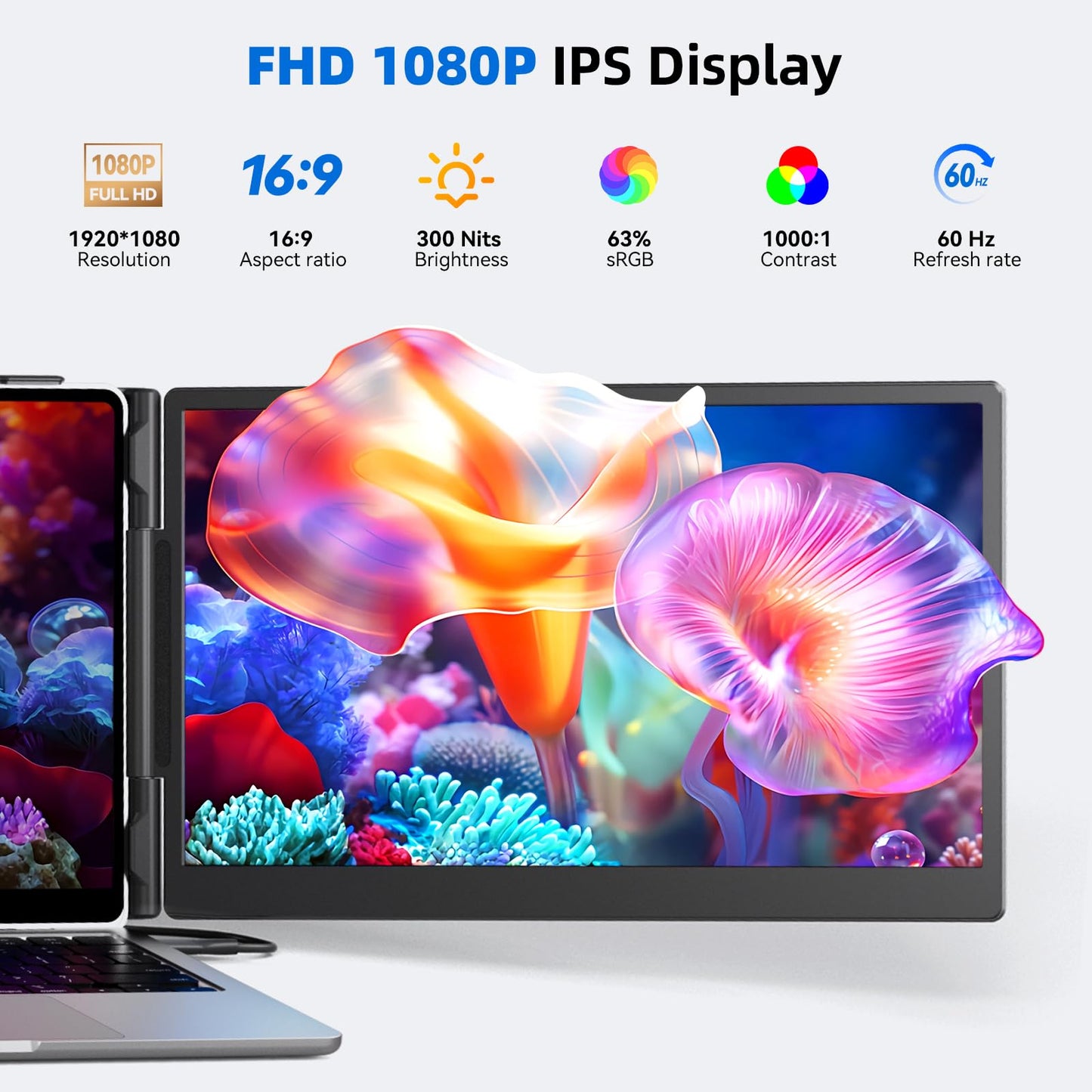 DZVW Laptop Screen Extender 14", FHD 1080P Portable Monitor for Laptop, Light Monitor Extender Plug&Play, IPS Display Computer Monitor for Laptop 13-17” (Screen Length: 11.81"-16.14") for Travel Work