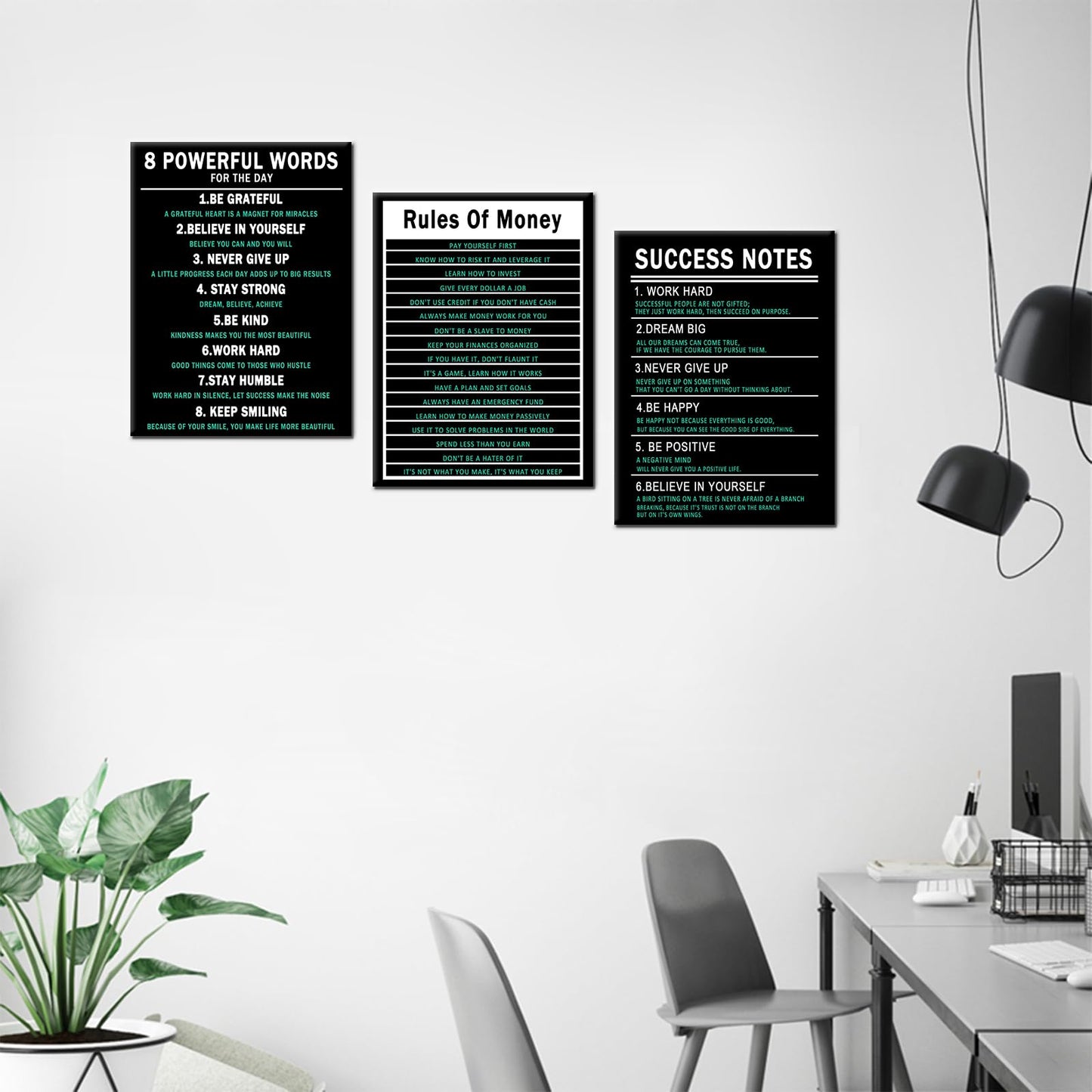 PSYYSP 3 Piece Canvas Wall Art Life Upgrade Money Rules Success Notes Posters, Black Teal Motivational Triptych Wall Decor for Office, Bedroom, Dorm, Framed Canvas 36x16inch