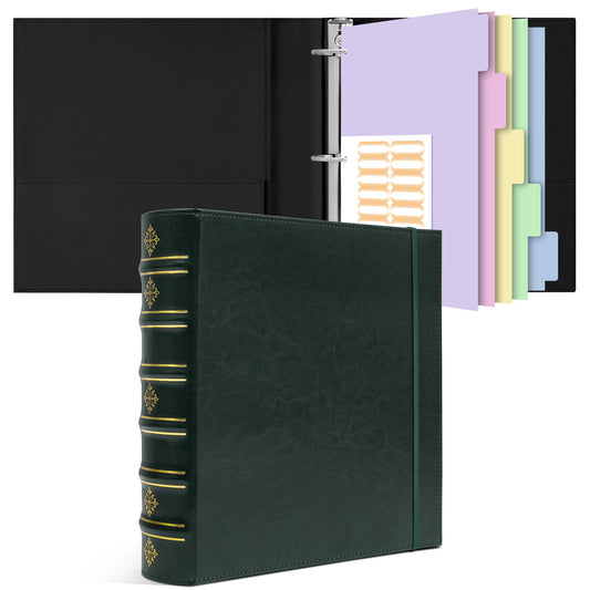 Ospelelf Vintage 3 Ring Binder 2 Inch, Leather D Ring Binder with Pockets and 5 Tab Dividers, Hardback Book Style Document Organizer Fits Letter Size for Home and Office Green