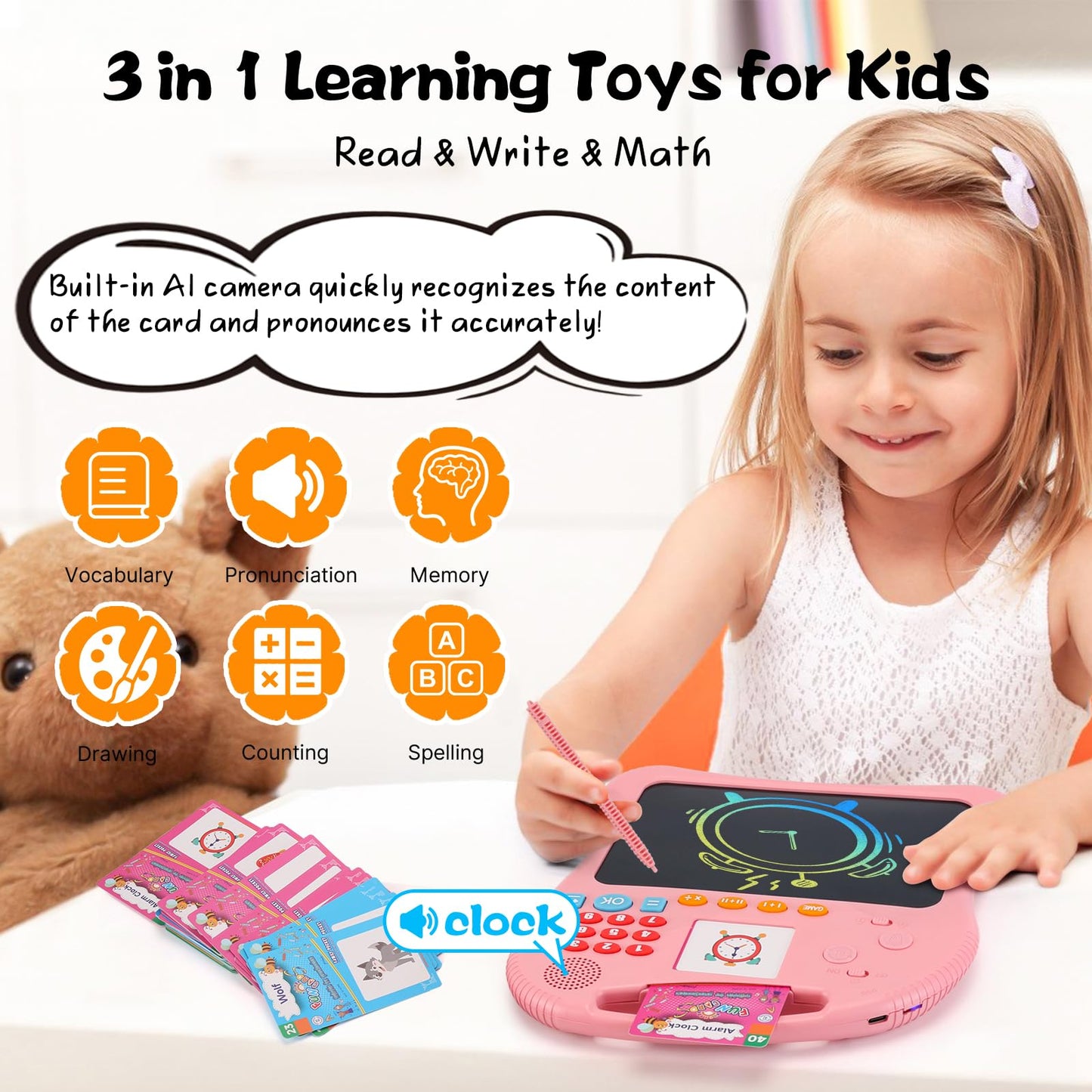Kids Educational Learning Toys with Math Games,Talking Flash Cards and Writing Drawing Tablet, Speech Therapy Autism Sensory Toys Gifts for Toddler Preschool Activities Boys Girls Ages 3-10 (Pink)