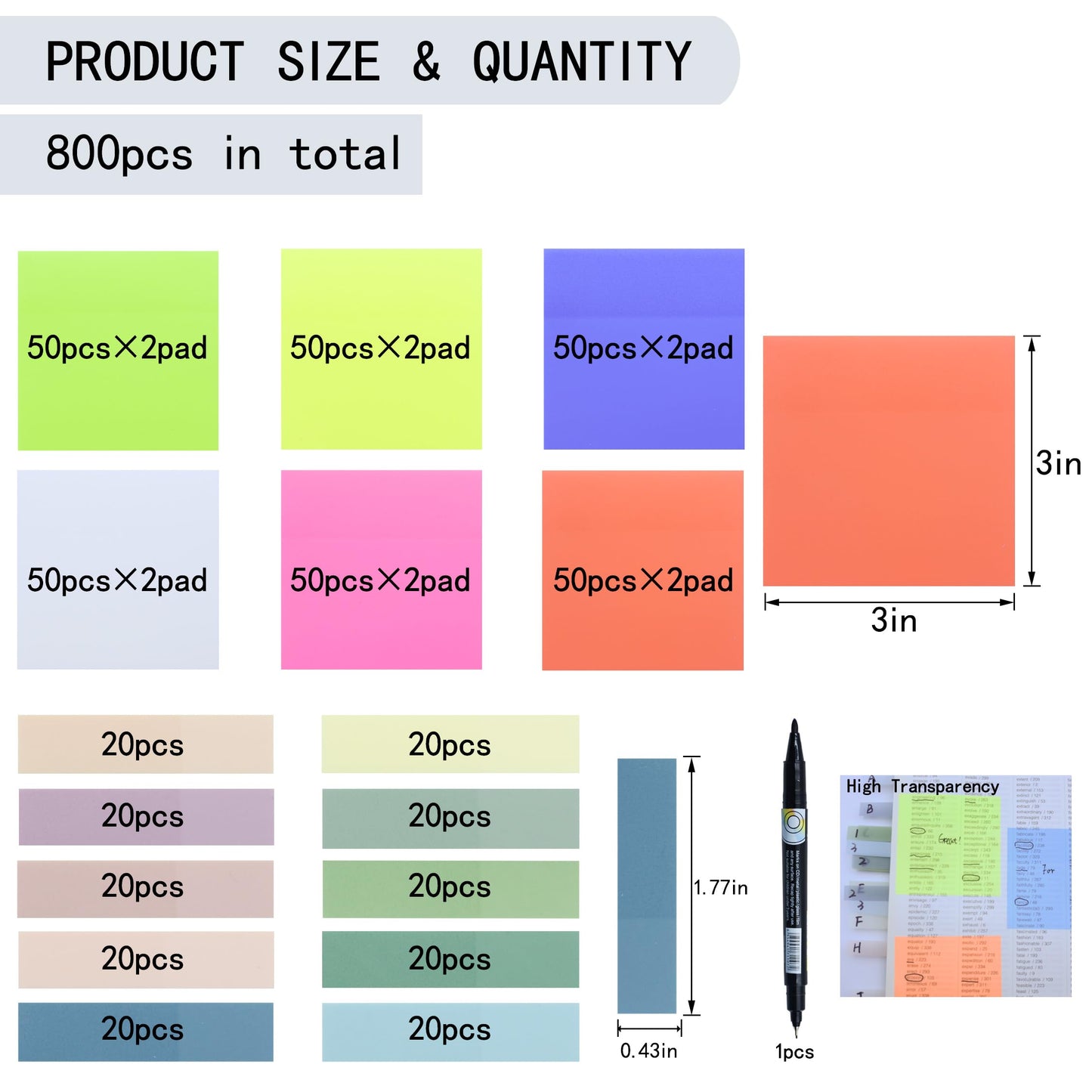 YOUDEFUL 800Pcs Transparent Sticky Notes, 3"x3" Clear Sticky Notes, Waterproof Translucent Sticky Note Pads for Books Annotation, Clear Post it Notes for Bible Study, School, Office