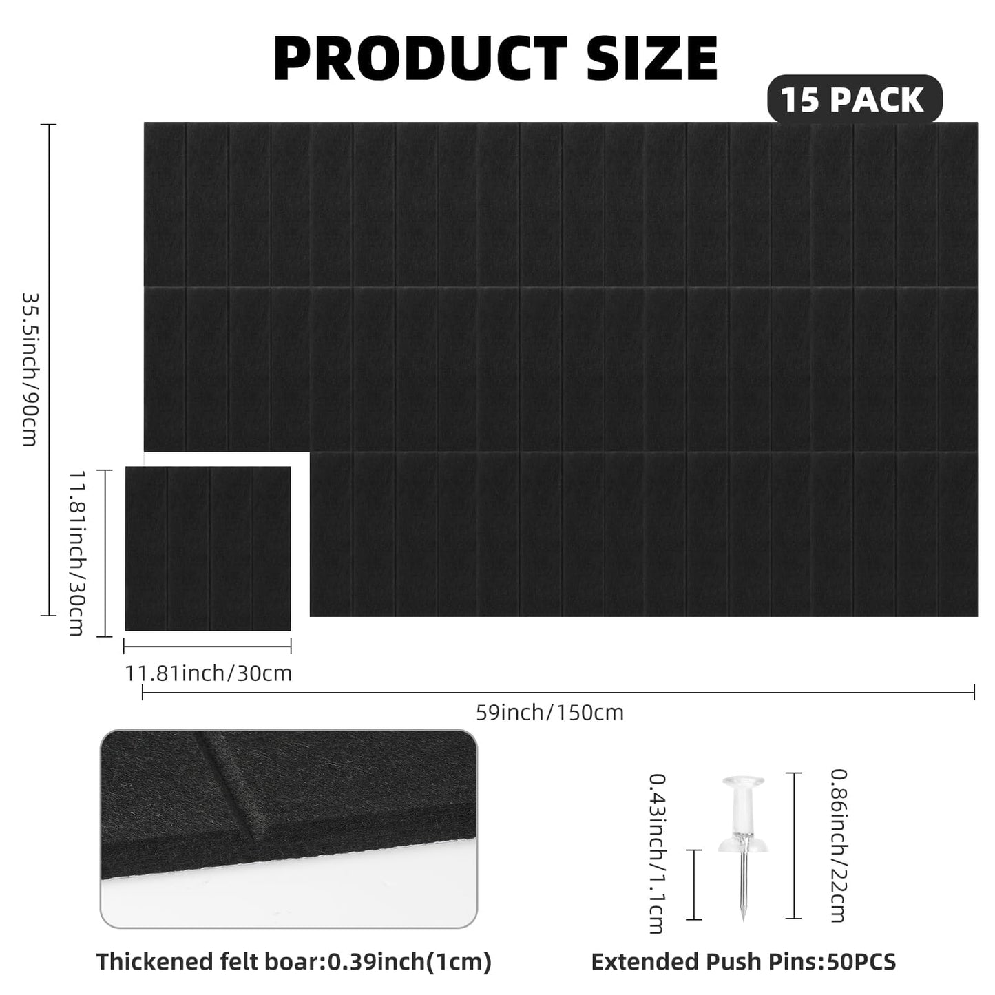 Large Felt Bulletin Board 59" x 35.5" 15 Pack Self-Adhesive Modular Felt Tiles, Cork Board Alternative for Wall, Acoustic Soundproof Panels for Home Office Classroom Decor with 50 Push Pins(Black)