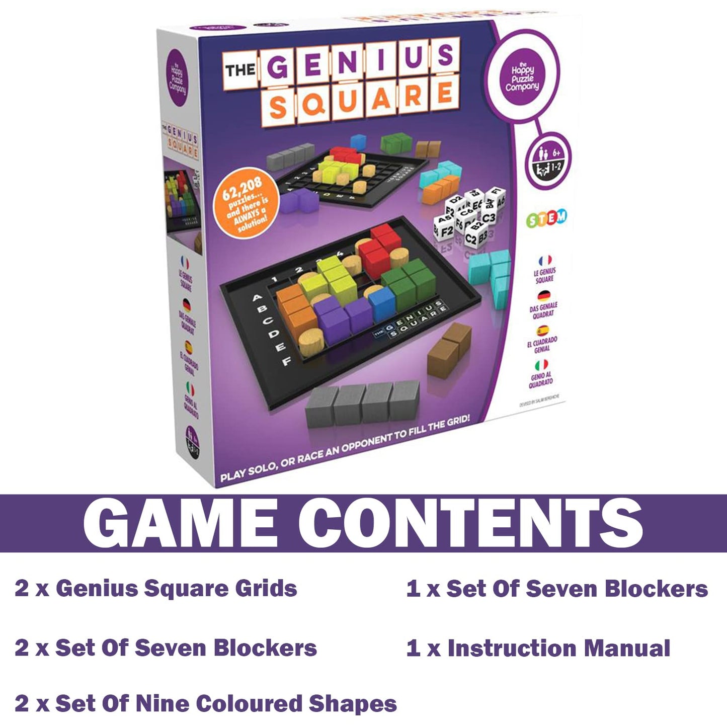 The Genius Square from The Happy Puzzle Company – Game of The Year Award Winner, 60000+ Solutions STEM Puzzle Game. Roll Dice, Race Your Opponent to Fill Grid with Different Shapes!