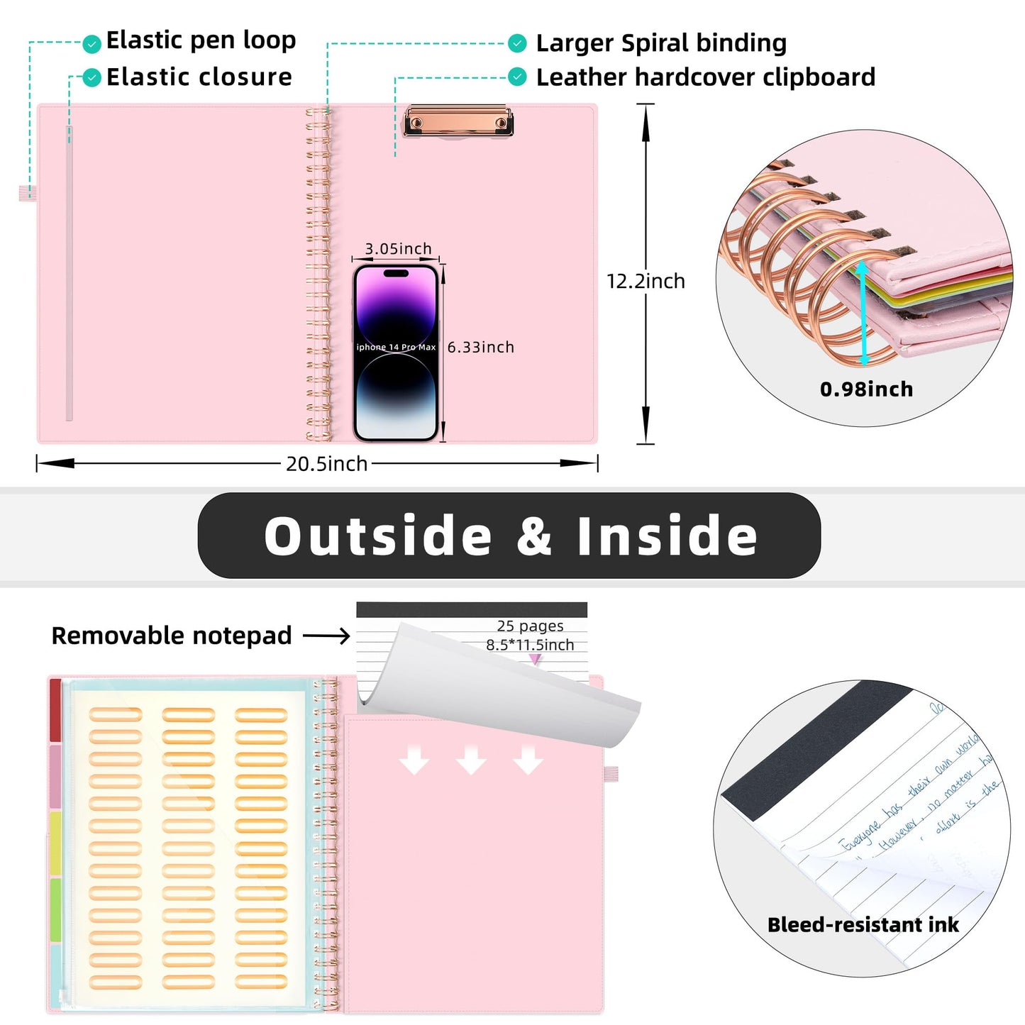 Ospelelf Leather Clipboard Folio with Notepad for Letter Size, Spiral Clipboard Folder with Storage Zipper Pouch, 5 Folders with 10 Pockets, 39 Divider Label Stickers, Pen Loop Series (Pink)