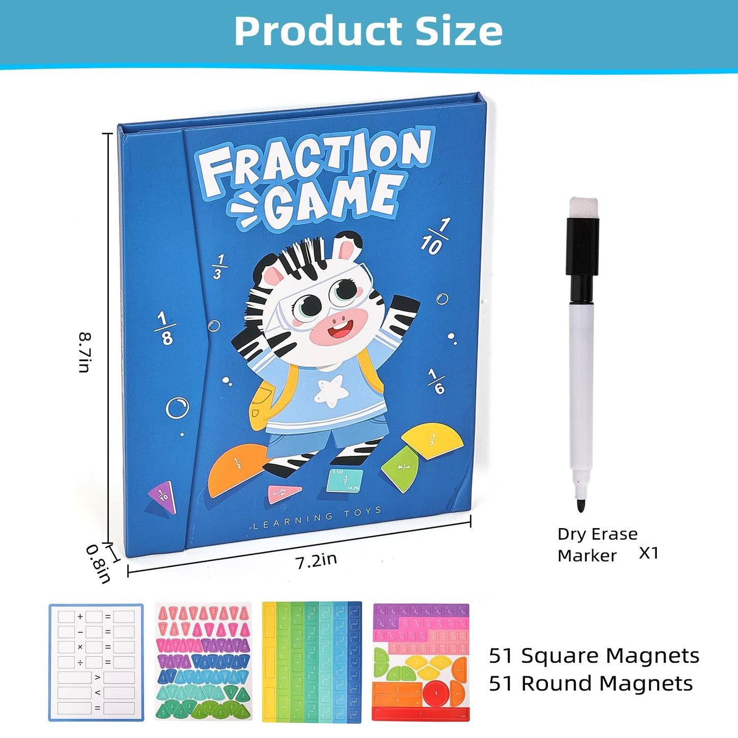 Magnetic Fraction Educational Puzzle,Magnetic Fraction Tiles & Fraction Circles,Montessori Fraction Manipulatives Learning Games for Kids,Fraction Manipulatives for Elementary School (Zebra)